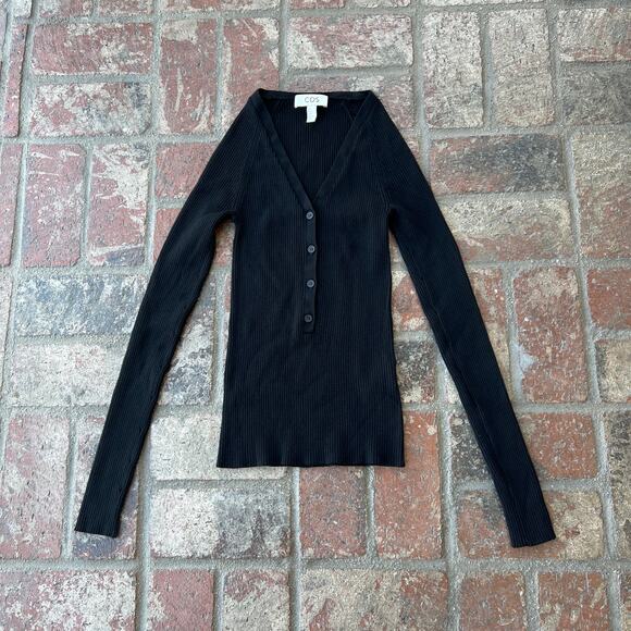 COS Fitted Long Sleeve Button Shirt Sweater Black Size XS - Picture 1 of 4